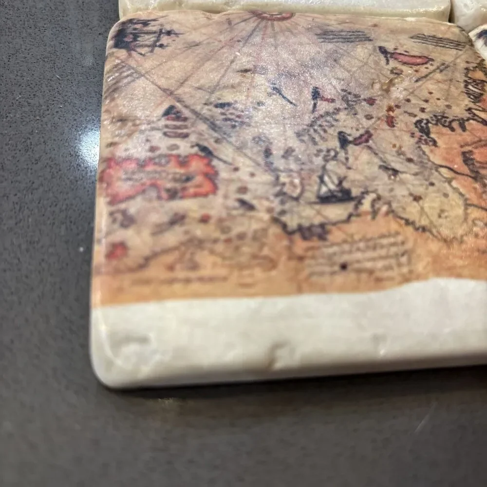 Piri Reis World Map Coaster Set Of Four Made Of Stone With Cork Backing